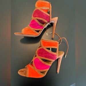 $795 AQUAZZURA VIKA Multicolor Suede Leather Open Toe Heels Shoes 36 1/2